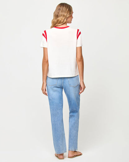 Back view of model wearing the LSPACE x The Salty Blonde Fresca Tee in caliente.
