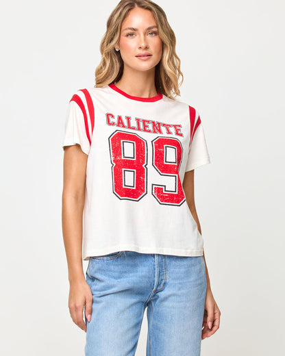 Close-up of the LSPACE x The Salty Blonde Fresca Tee in caliente showing the cropped hem and fit.