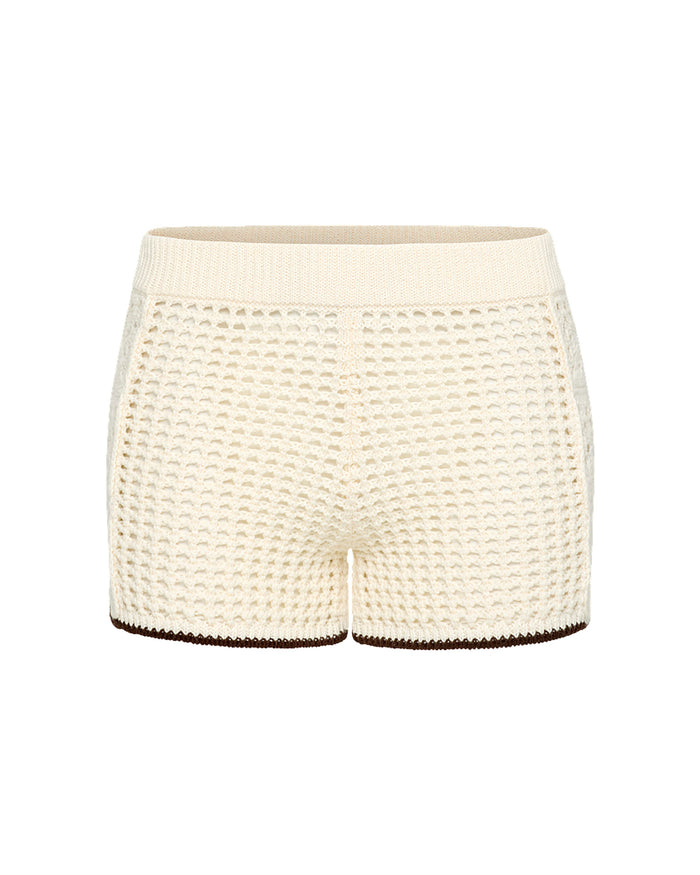 Off-model view of the LSPACE x The Salty Blonde Scout Short in cream-espresso, displayed flat to show the open-knit crochet texture, cream body, and espresso brown hem trim.