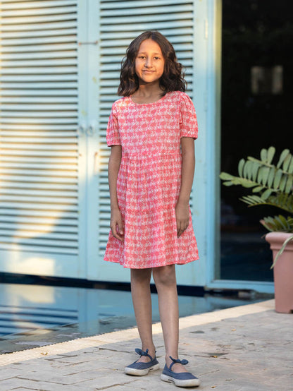 Pinklay Organic Cotton Pink Girls Dress With Cycle Pattern.
