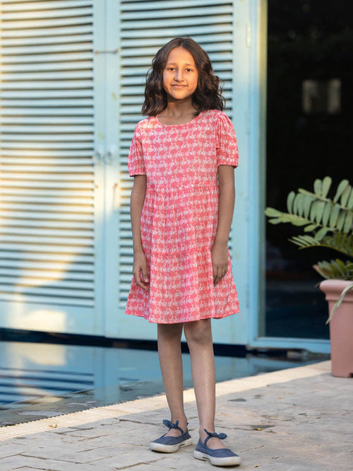Pinklay Organic Cotton Pink Girls Dress With Cycle Pattern.