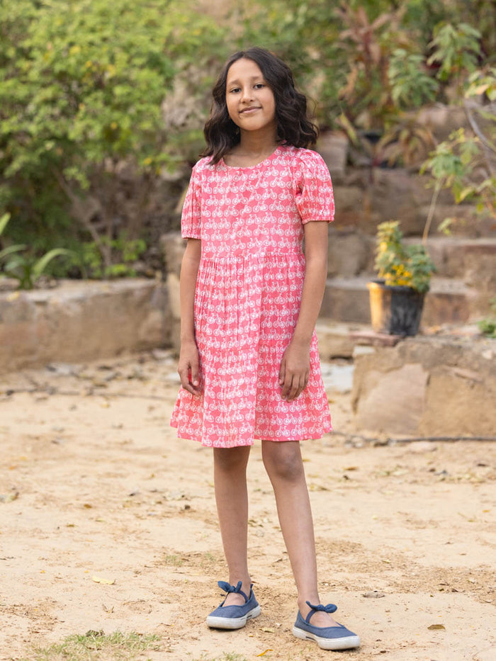 Pinklay Organic Cotton Pink Girls Dress With Cycle Pattern.