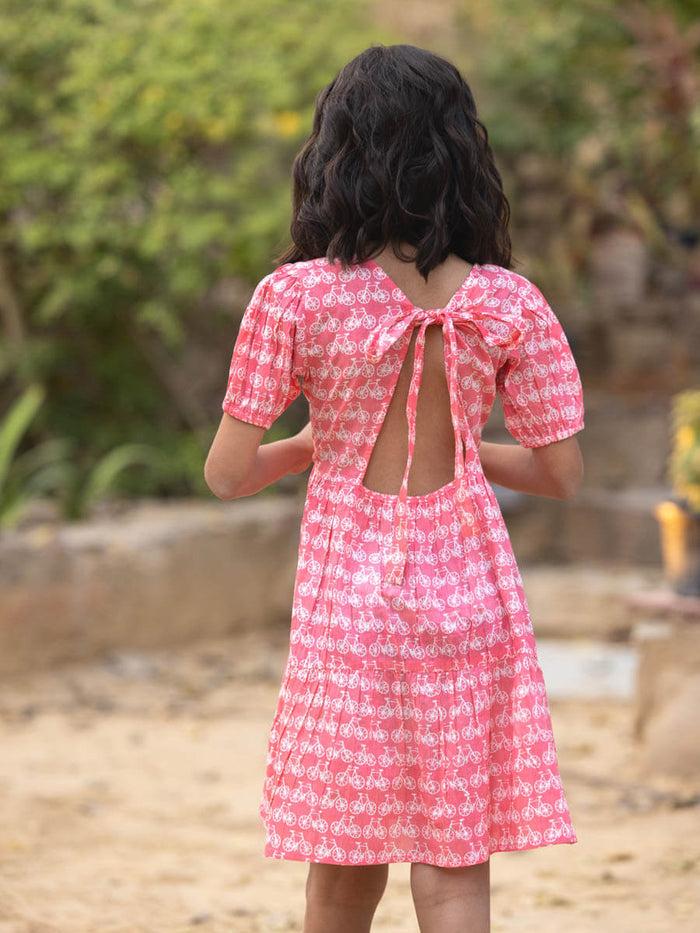 Pinklay Organic Cotton Pink Girls Dress With Cycle Pattern.