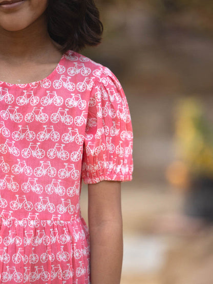Pinklay Organic Cotton Pink Girls Dress With Cycle Pattern.