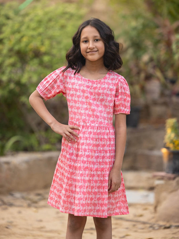 Pinklay Organic Cotton Pink Girls Dress With Cycle Pattern.