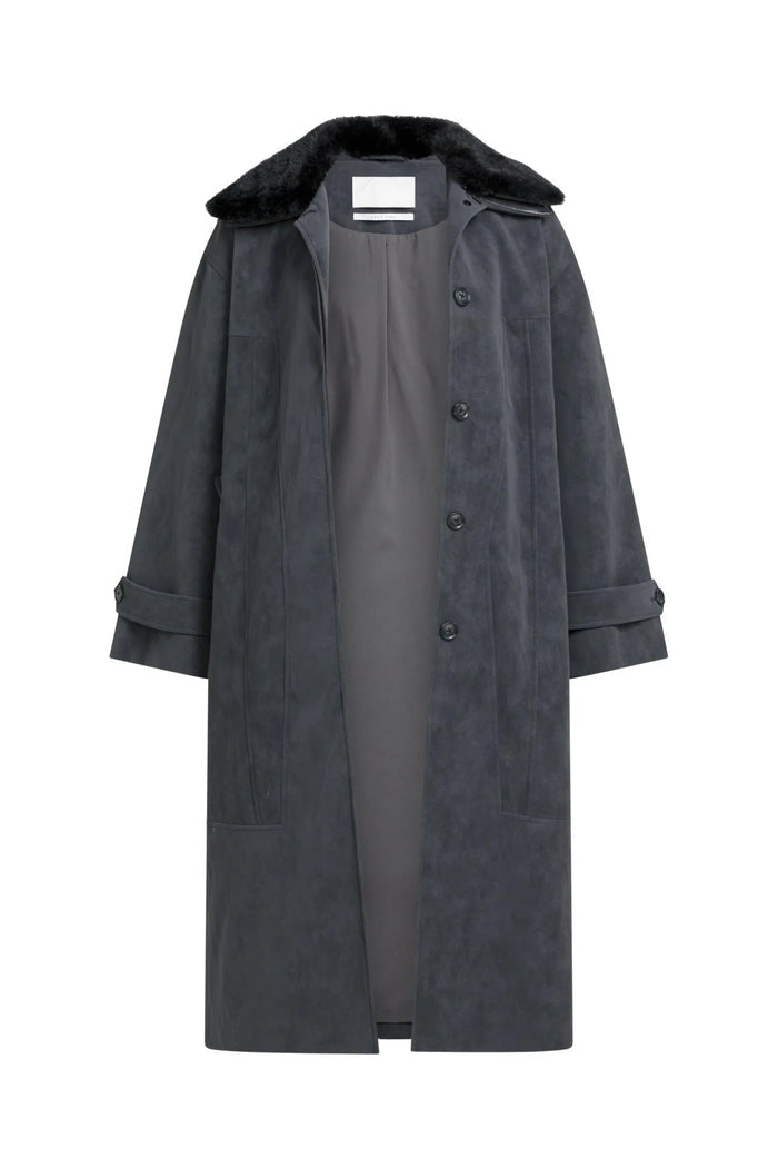 YAYA Faux Nubuck Leather Long Jacket with Detachable Collar - Hole Black 02-009082-609 front view Shop YAYA at Dotique