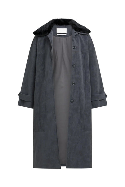 YAYA Faux Nubuck Leather Long Jacket with Detachable Collar - Hole Black 02-009082-609 front view Shop YAYA at Dotique
