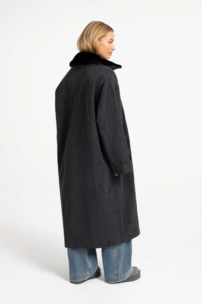 YAYA Faux Nubuck Leather Long Jacket with Detachable Collar - Hole Black 02-009082-609 back view Shop YAYA at Dotique