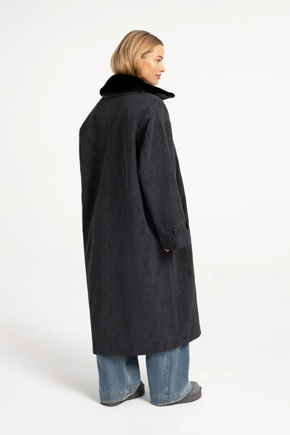 YAYA Faux Nubuck Leather Long Jacket with Detachable Collar - Hole Black 02-009082-609 back view Shop YAYA at Dotique