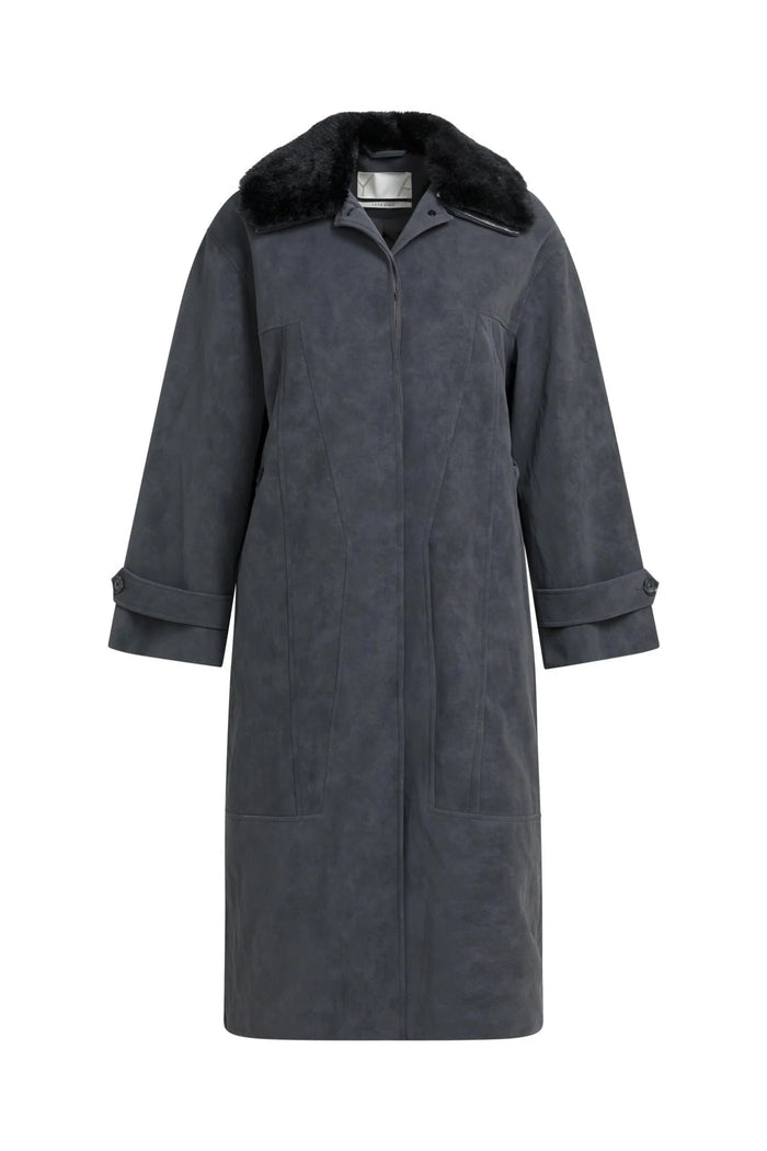 YAYA Faux Nubuck Leather Long Jacket with Detachable Collar - Hole Black 02-009082-609 Shop YAYA at Dotique