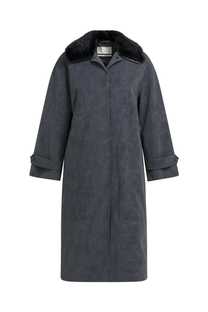 YAYA Faux Nubuck Leather Long Jacket with Detachable Collar - Hole Black 02-009082-609 Shop YAYA at Dotique