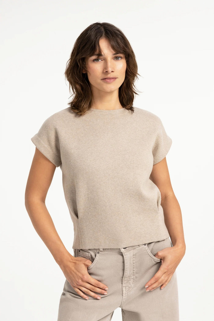 YAYA Jumper with Textured Sleeves - Pure Cashmere Grey Melange 01-000644-609 on model Shop YAYA at Dotique