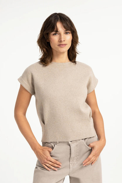 YAYA Jumper with Textured Sleeves - Pure Cashmere Grey Melange 01-000644-609 on model Shop YAYA at Dotique