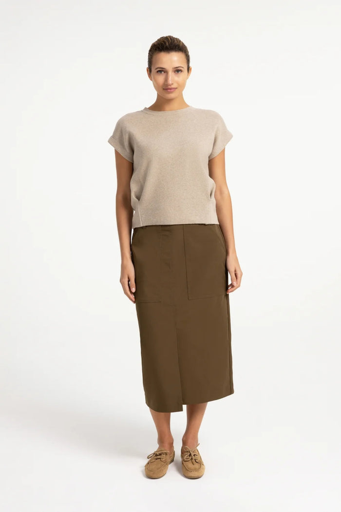 YAYA Jumper with Textured Sleeves - Pure Cashmere Grey Melange 01-000644-609 on model Shop YAYA at Dotique