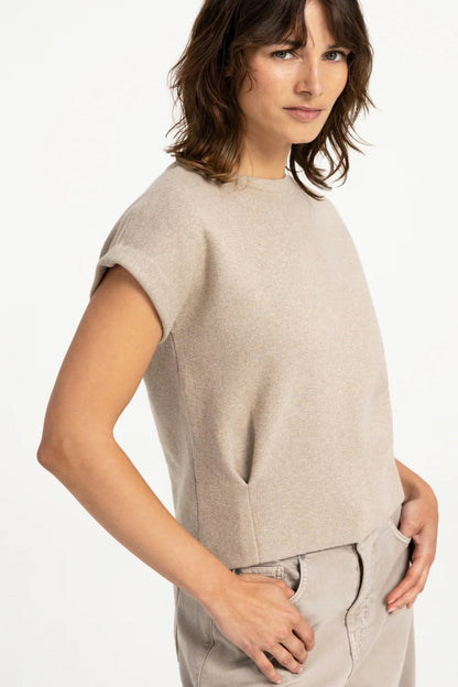 YAYA Jumper with Textured Sleeves - Pure Cashmere Grey Melange 01-000644-609 on model Shop YAYA at Dotique