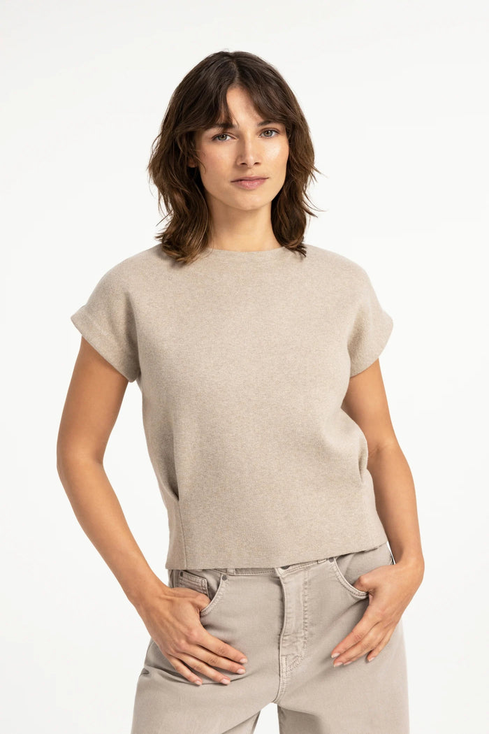 YAYA Jumper with Textured Sleeves - Pure Cashmere Grey Melange 01-000644-609 on model Shop YAYA at Dotique
