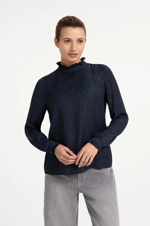 YAYA Long Sleeve Top with Ruffles - Cat Black Dessin 01-709418-609 on model Shop YAYA at Dotique