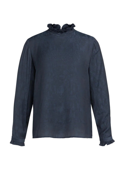 YAYA Long Sleeve Top with Ruffles - Cat Black Dessin 01-709418-609 front view Shop YAYA at Dotique