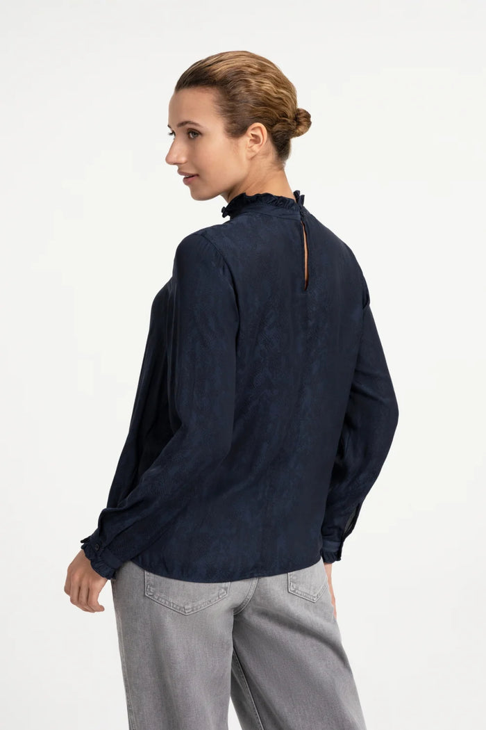 YAYA Long Sleeve Top with Ruffles - Cat Black Dessin 01-709418-609 back view Shop YAYA at Dotique