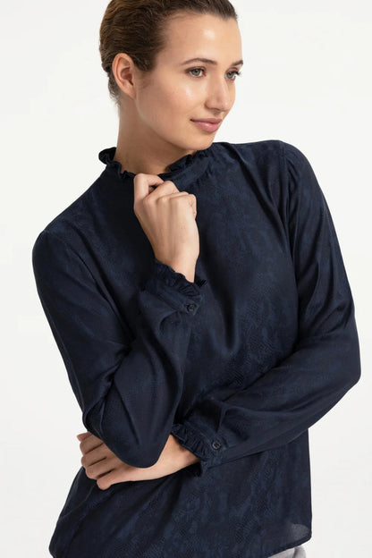 YAYA Long Sleeve Top with Ruffles - Cat Black Dessin 01-709418-609 on model Shop YAYA at Dotique
