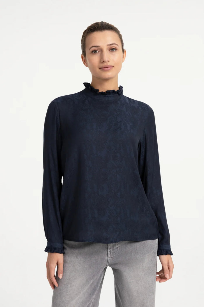 YAYA Long Sleeve Top with Ruffles - Cat Black Dessin 01-709418-609 on model Shop YAYA at Dotique