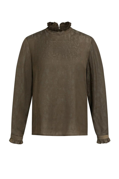 Shop YAYA’s Long Sleeve Top with Ruffle Details in Slate Black Brown Dessin at Dotique. A textured top with delicate neckline and cuff ruffles.