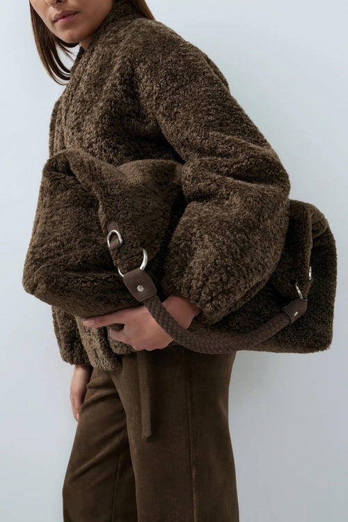 YAYA Reversible Nylon and Faux Fur Bag - Slate Black Brown 03-003128-609 on model Shop YAYA at Dotique