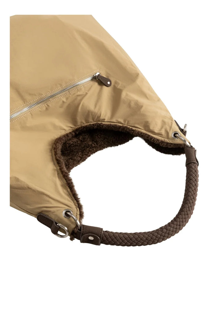 YAYA Reversible Nylon and Faux Fur Bag - Slate Black Brown 03-003128-609 zip and strap detail Shop YAYA at Dotique