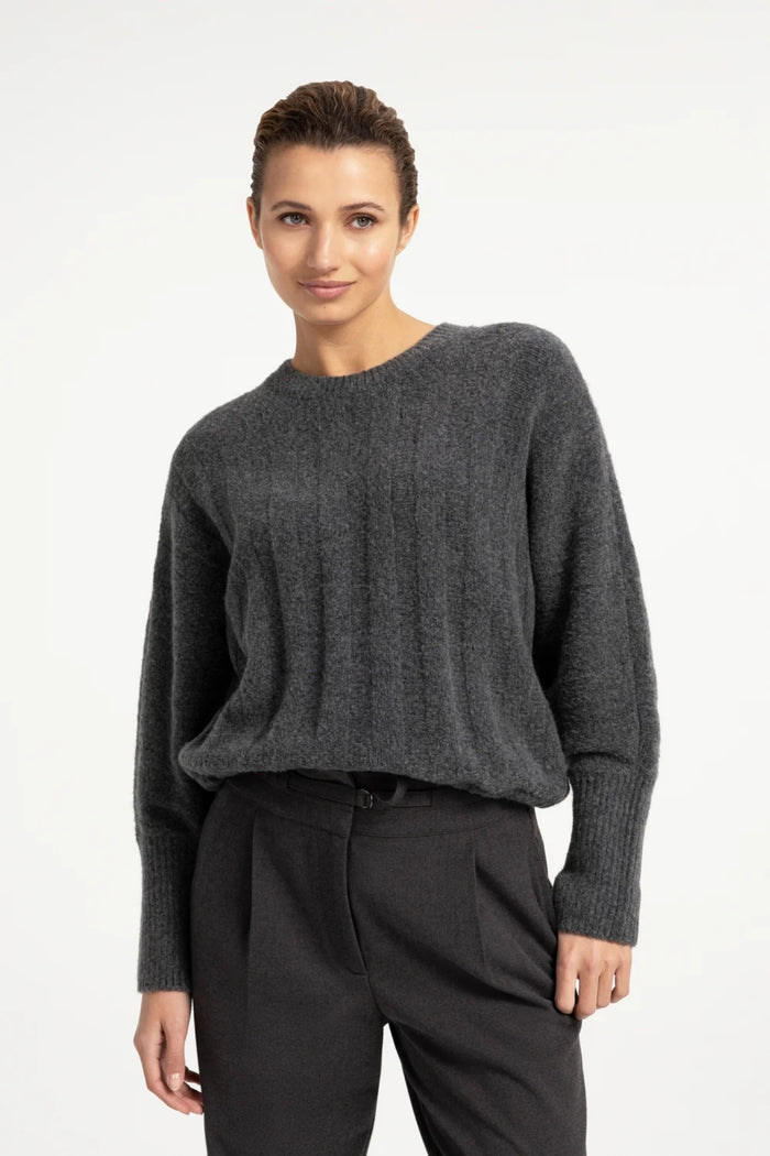 YAYA Rib Batwing Jumper with Cord - Grey Melange 01-000631-609 worn on model Shop YAYA at Dotique