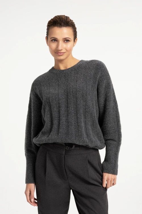 YAYA Rib Batwing Jumper with Cord - Grey Melange 01-000631-609 worn on model Shop YAYA at Dotique