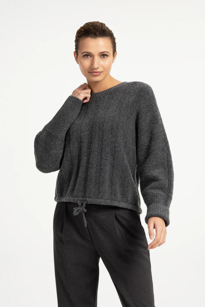YAYA Rib Batwing Jumper with Cord - Grey Melange 01-000631-609 on model Shop YAYA at Dotique