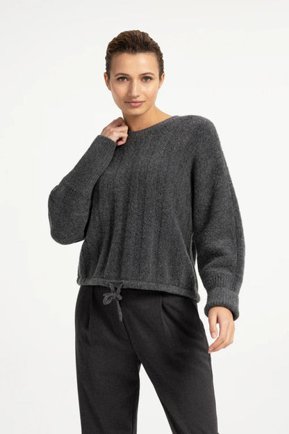 YAYA Rib Batwing Jumper with Cord - Grey Melange 01-000631-609 on model Shop YAYA at Dotique