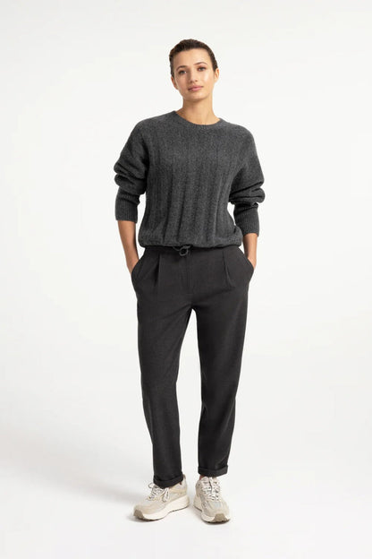 YAYA Rib Batwing Jumper with Cord - Grey Melange 01-000631-609 on model Shop YAYA at Dotique