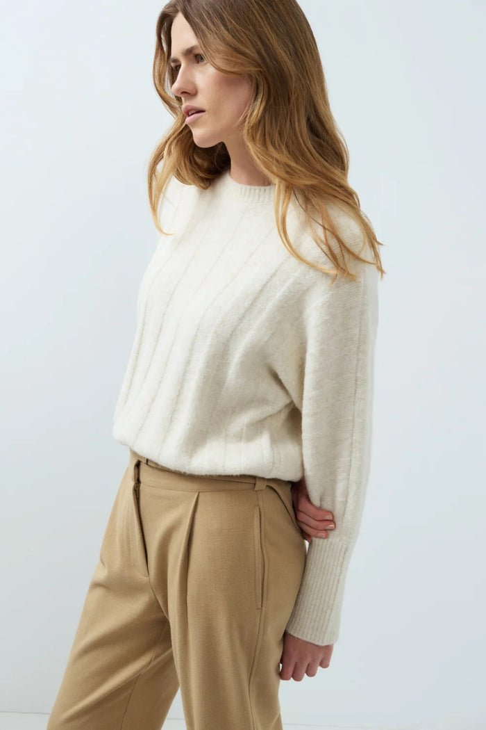 YAYA Rib Batwing Jumper with Cord - Off White Melange 01-000631-609 on model Shop YAYA at Dotique