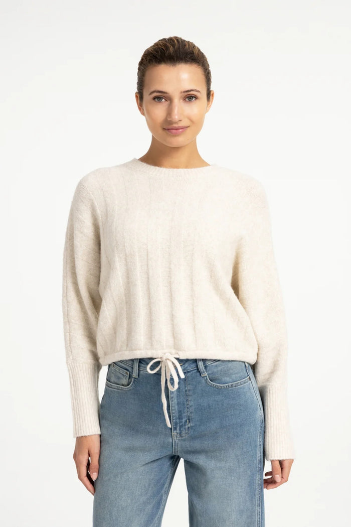 YAYA Rib Batwing Jumper with Cord - Off White Melange 01-000631-609 on model Shop YAYA at Dotique