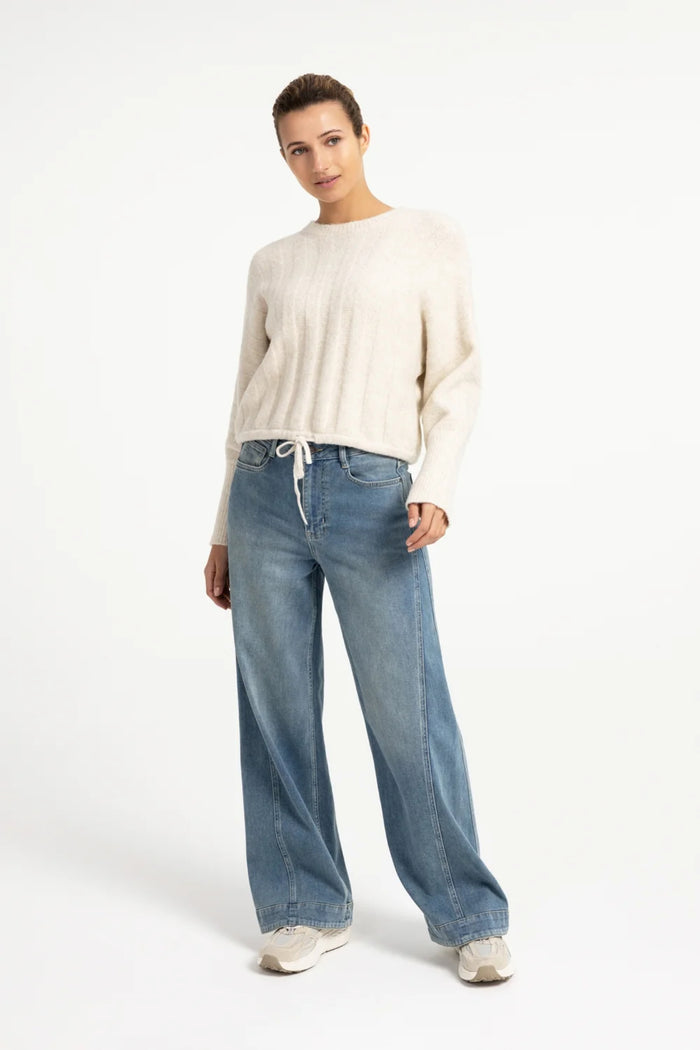 YAYA Rib Batwing Jumper with Cord - Off White Melange 01-000631-609 on model Shop YAYA at Dotique