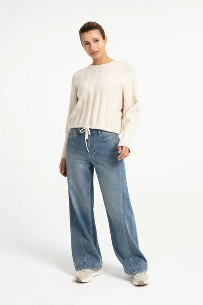 YAYA Rib Batwing Jumper with Cord - Off White Melange 01-000631-609 on model Shop YAYA at Dotique