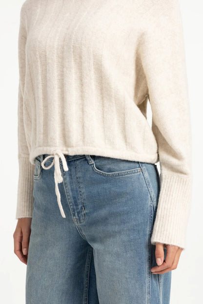 YAYA Rib Batwing Jumper with Cord - Off White Melange 01-000631-609 on model Shop YAYA at Dotique