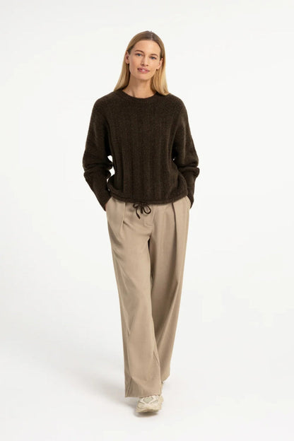 YAYA Rib Batwing Jumper with Cord - Slate Black Brown Melange 01-000631-609 on model Shop YAYA at Dotique