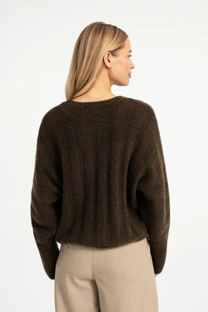 YAYA Rib Batwing Jumper with Cord - Slate Black Brown Melange 01-000631-609 on model Shop YAYA at Dotique