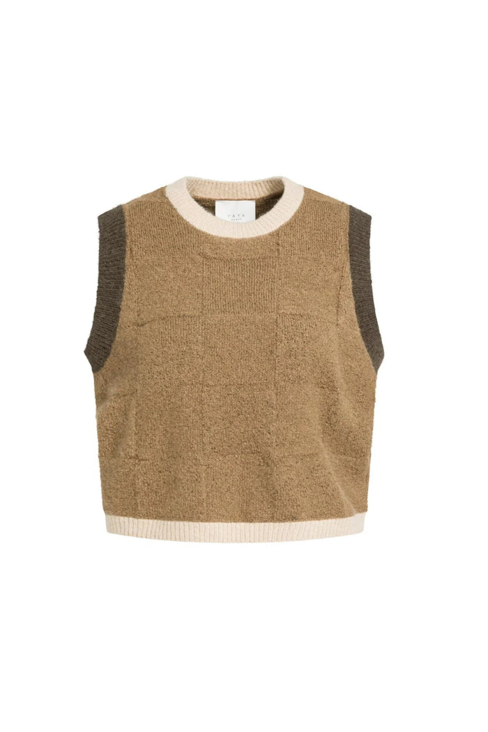 YAYA Spencer Jumper with Check Textured - Otter Brown Dessin 01-000634-609 front view Shop YAYA at Dotique