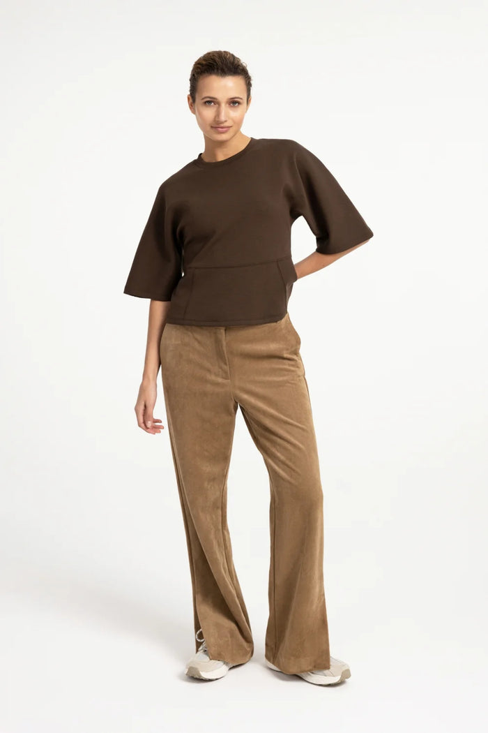 YAYA Suedine Wide Leg Trousers - Otter Brown 01-309283-609 on model Shop YAYA at Dotique