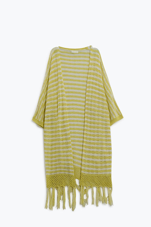 Yellow Boho Style Cardigan With Stripes Pointelle Knit and Fringe Details