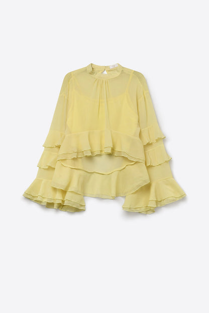 Yellow Chiffon Ruffle Tiered Flared Sleeve High Neck Blouse Top