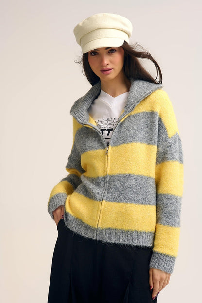 Yellow Fluffy Knitted Zip-Up Jacket with Gray Stripes