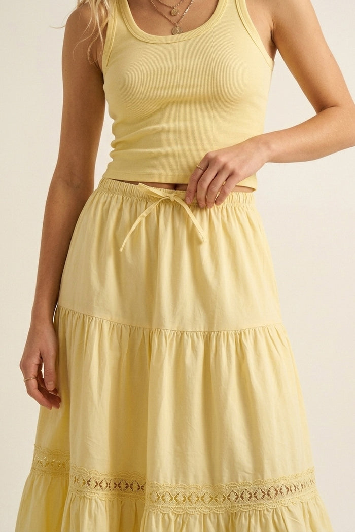 Yellow Poplin Maxi Skirt with Lace Detail