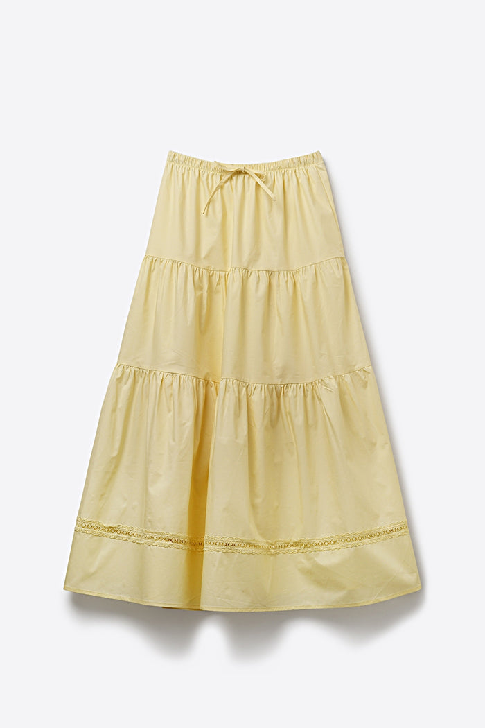 Yellow Poplin Maxi Skirt with Lace Detail