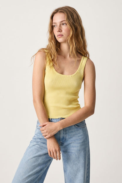 Yellow Ribbed Knit Scoop Neck Tank Top