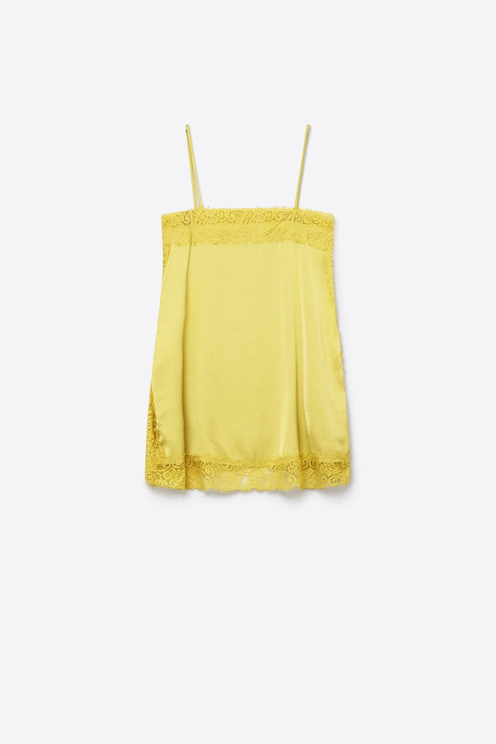 Yellow Satin Slip top with Lace Trim Details