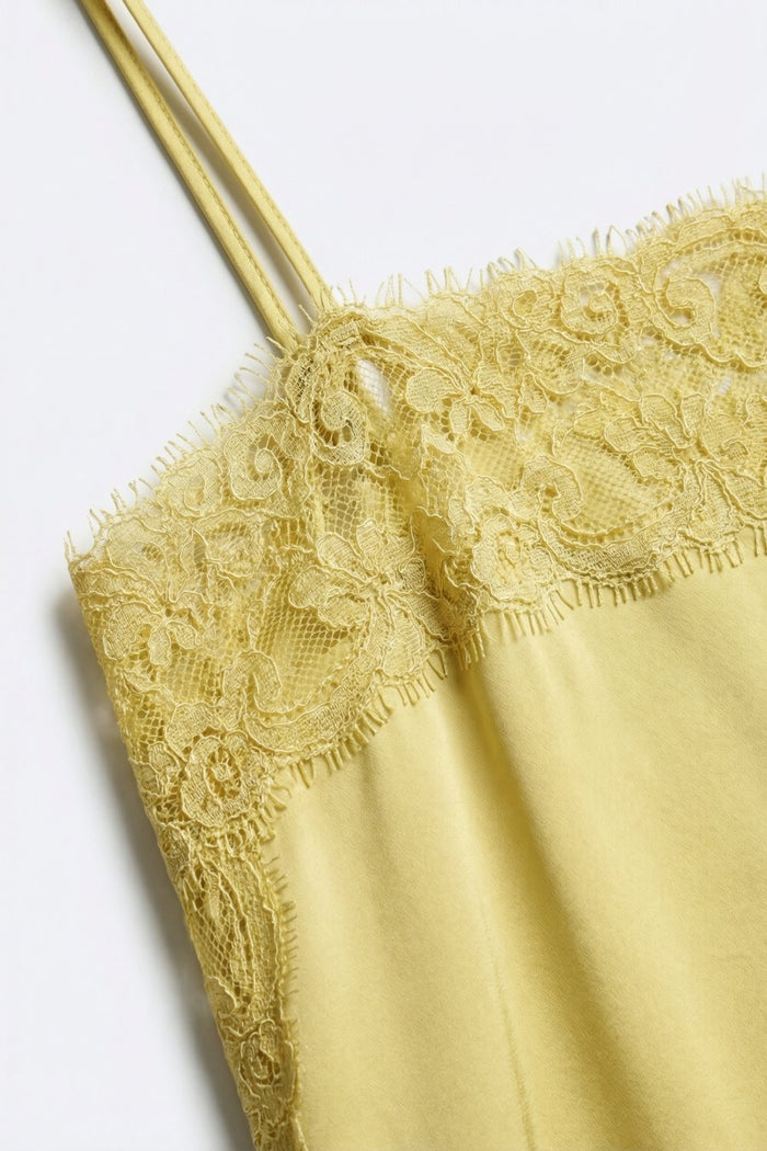 Yellow Satin Slip top with Lace Trim Details